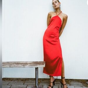 Zara halter red satin Red Backless Dress